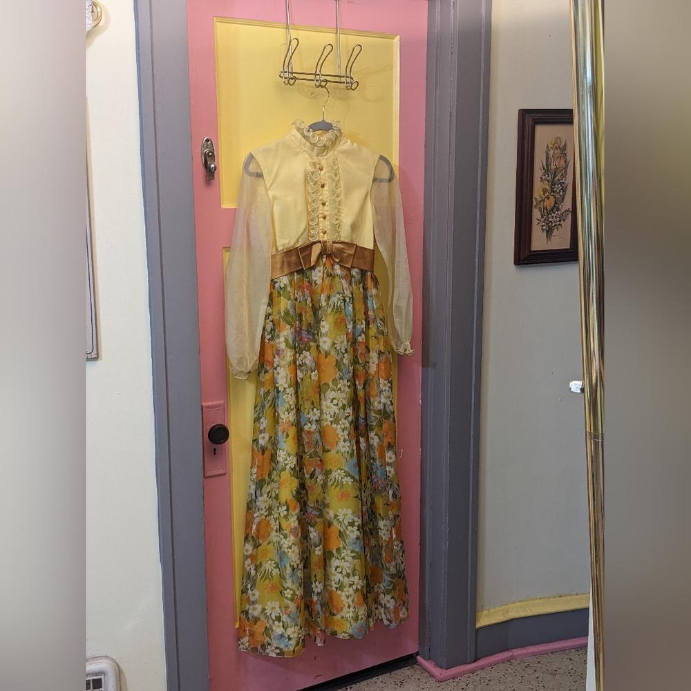 Vintage, floral, long sleeved, maxi dress with ruffle and bow details